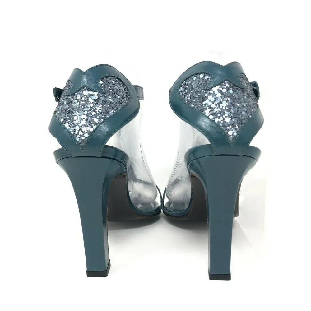 Missoni‎ Heels Women's 8.5 / 38.5 Glittler Heart Pump Teal Green Leather T-Strap